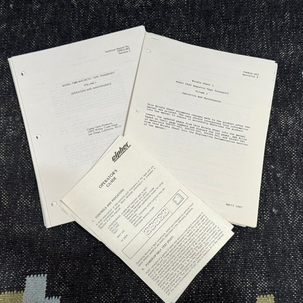 Cipher Data Products Magnetic Tape Transport Unit 5880 Technical Manual, c. 1986